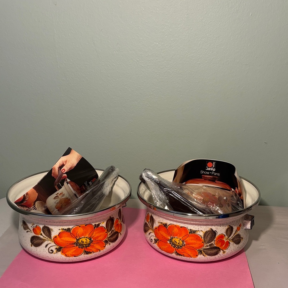Vintage Sanko Ware Orange Floral Enamel Saucepan - Set of 2